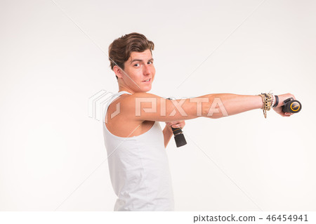Sport, fitness and people concept - handsome athletic man with dumbbells on white background 46454941