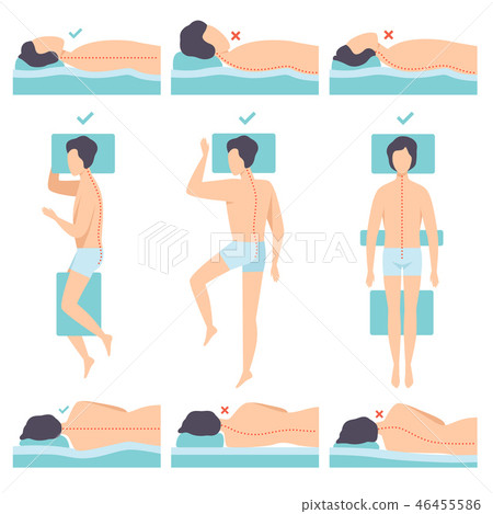 Man lying in various poses set, side view, correct and incorrect sleeping posture for neck and spine Man lying in various poses set, side view, correct and incorrect sleeping posture for neck and spine 46455586