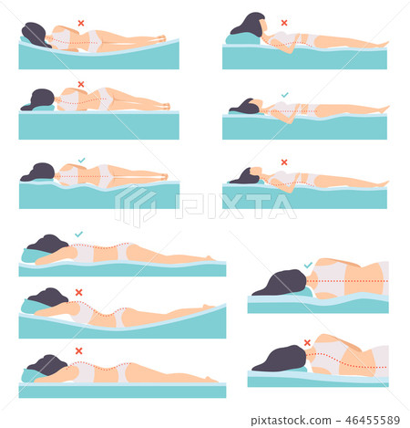 Woman lying in various poses set, side view, correct and incorrect sleeping posture for neck and Woman lying in various poses set, side view, correct and incorrect sleeping posture for neck and 46455589