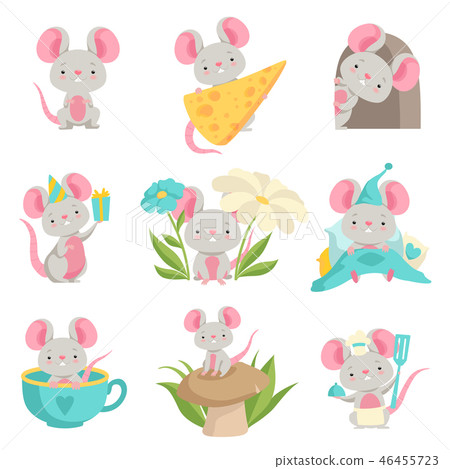 Cute mouse in different situations set, funny animal cartoon character vector Illustration on a 46455723