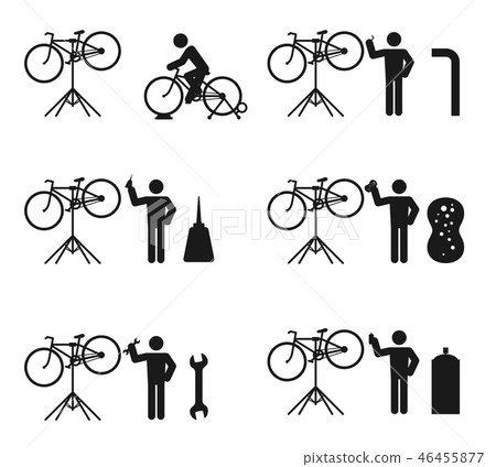 Bicycle man and stand holder service repair icon Bicycle man and stand holder service repair icon 46455877