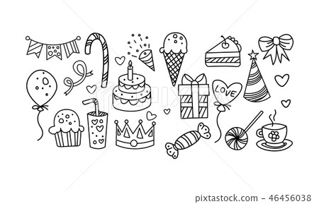 Collection of Birthday elements, hand drawn carnival festive symbols vector Illustration 46456038