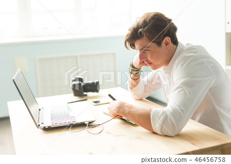 People, working and graphic tablet - young graphic designer in home office working on laptop 46456758