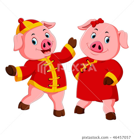 two excited pink pigs use the red costume 46457057