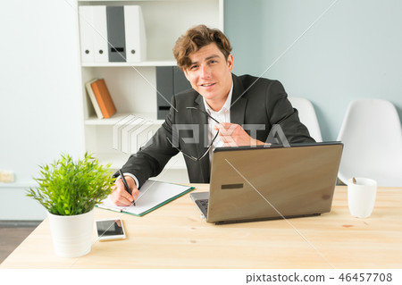 Joke, office and business people concept - man took off the glasses in office, he is bored and 46457708