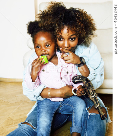 adorable sweet young afro-american mother with cute little girl, adorable sweet young afro-american mother with cute little girl, 46458448