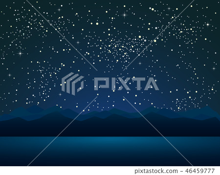 Starry Sky with Blue Mountain and Lake. Stars Sky. Starry Sky with Blue Mountain and Lake. Stars Sky. 46459777
