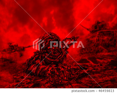 Half zombie soldier crawls on battlefield. Red 46459813