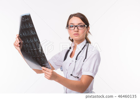 Woman holding MRI brain film to see for diagnostic and report on white background. Medical, doctor 46460135