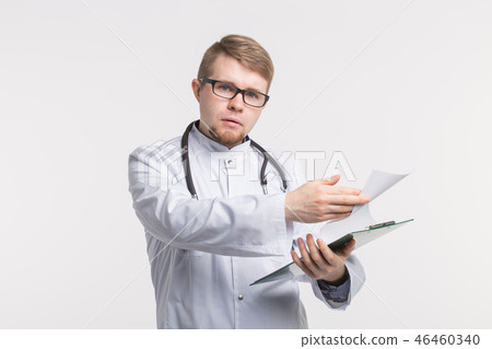 Medicine and health concept - doctor with stethoscope holding document folder on white background 46460340