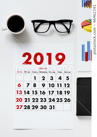 calendar of 2019, coffee, eyeglasses and charts calendar of 2019, coffee, eyeglasses and charts 46462391