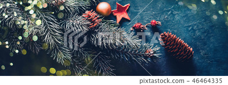 Christmas fir tree, decorations on a dark background. Banner Christmas fir tree, decorations on a dark background. Banner 46464335