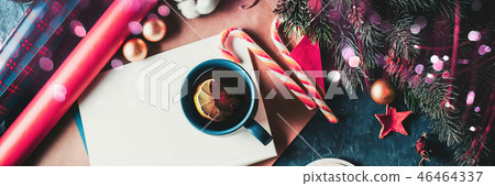 Christmas fir tree, decorations and hot tea with lemon. A letter to Santa Claus. Banner Christmas fir tree, decorations and hot tea with lemon. A letter to Santa Claus. Banner 46464337