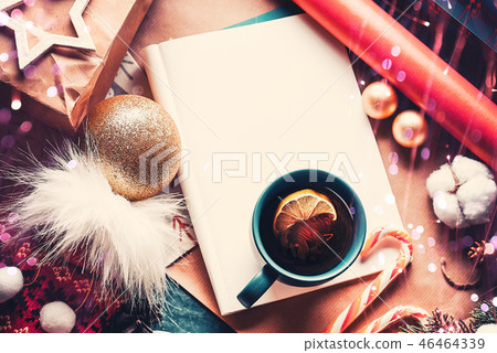 Christmas fir tree, decorations and hot tea with lemon. A letter to Santa Claus. View from above 46464339