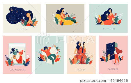 International Women's Day. Vector cards with women, leaves, flowers International Women's Day. Vector cards with women, leaves, flowers 46464636