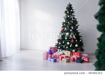 Christmas tree with presents, Garland lights new year holiday decor Christmas tree with presents, Garland lights new year holiday decor 46466161