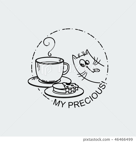 Vector card with cute cat with cup and a sandwich. 46466499