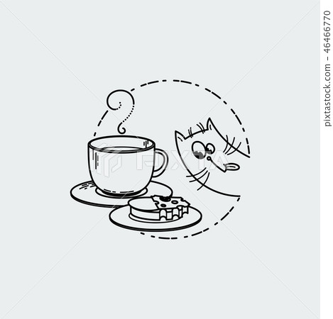 Vector card with cute cat with cup and a sandwich. Vector card with cute cat with cup and a sandwich. 46466770