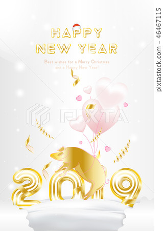 Postcard Happy new year 2019 with original gold shining font. Postcard with pink pig zodiac sign and Postcard Happy new year 2019 with original gold shining font. Postcard with pink pig zodiac sign and 46467115