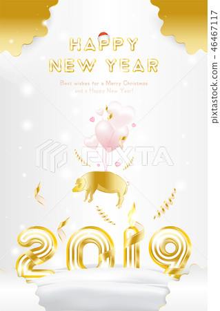 Postcard Happy new year 2019 with original gold shining font. Postcard with pink pig zodiac sign and 46467117