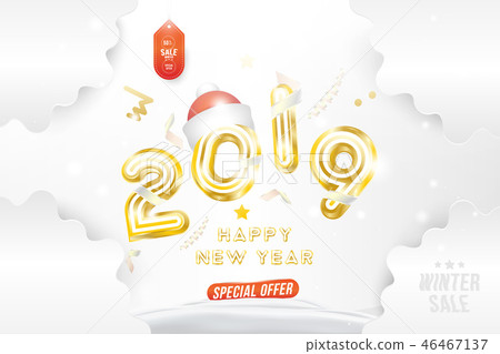 Sale Banner Happy new year 2019 with original gold shining font and super offer 50 Creative template 46467137