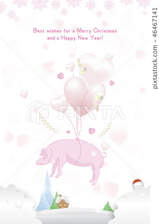 Happy new year 2019 Postcard with pink pig zodiac sign and with balloons in the form of hearts on 46467141