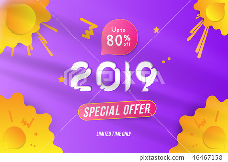Happy new year 2019 Sale 80 Banner with with special offer on yellow color background. Creative Happy new year 2019 Sale 80 Banner with with special offer on yellow color background. Creative 46467158