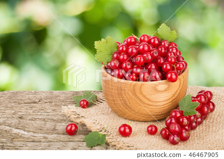 Red currant berries in wooden bowl on wooden table with blurry garden background 46467905
