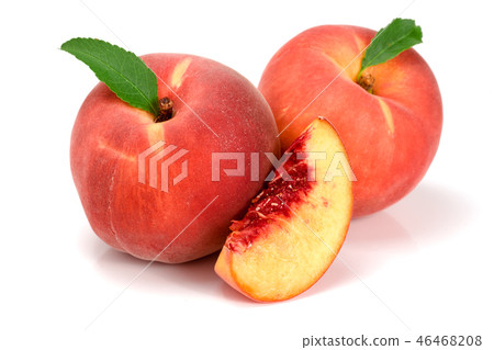 Peaches and slice with a green leaf isolated on white background Peaches and slice with a green leaf isolated on white background 46468208