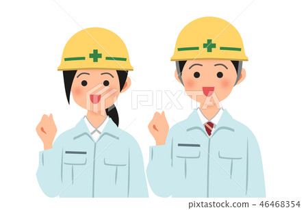 Man and woman wearing helmets and working clothes posing guts Man and woman wearing helmets and working clothes posing guts 46468354