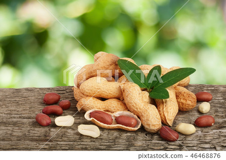 peanuts with leaf on old wooden table with a blurry garden background 46468876