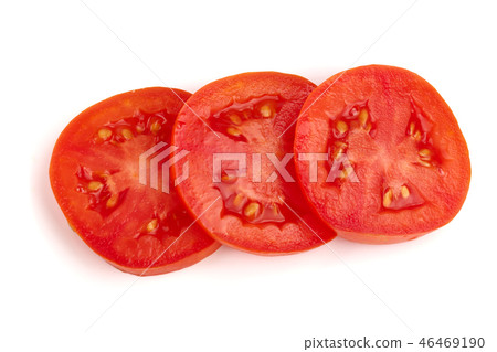 Three tomato slice isolated on white background. Top view Three tomato slice isolated on white background. Top view 46469190