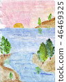 Banner in watercolor style. Marine theme. Coast, sand, stones, island 46469325