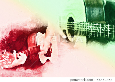 Playing Guitar in the foreground, Watercolor paint Playing Guitar in the foreground, Watercolor paint 46469868