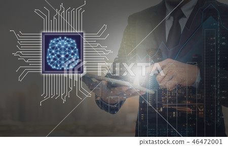 Double exposure of businessman using the tablet for create the Artificial intelligence of brain technology over cityscape and financial graph on blurred building background, AI and technology business trading concept 46472001