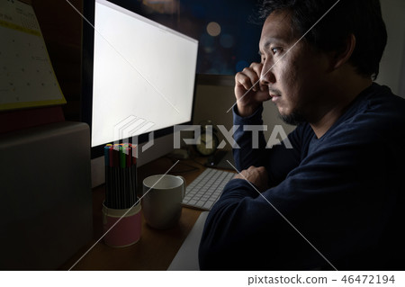 Portrait of Asia Businessman sitting and working hard on the table with front of computer desktop in work place at late with serious action, Work hard and too late concept Portrait of Asia Businessman sitting and working hard on the table with front of computer desktop in work place at late with serious action, Work hard and too late concept 46472194