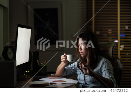 Portrait of Asian Businesswoman sitting and working hard on the table with front of computer desktop in workplace at late with serious action, Work hard and too late concept Portrait of Asian Businesswoman sitting and working hard on the table with front of computer desktop in workplace at late with serious action, Work hard and too late concept 46472212