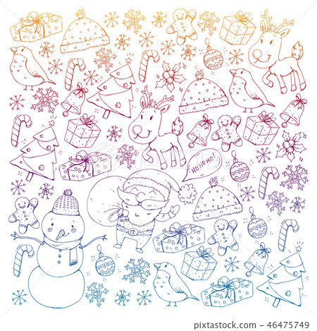 Winter Christmas vector pattern. Icons of Santa, snowman, deer, bell, Christmas tree. Merry 46475749