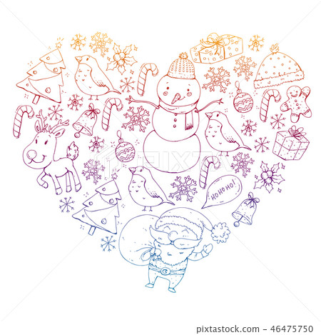 Winter Christmas vector pattern. Icons of Santa, snowman, deer, bell, Christmas tree. Merry Winter Christmas vector pattern. Icons of Santa, snowman, deer, bell, Christmas tree. Merry 46475750