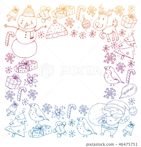 Winter Christmas vector pattern. Icons of Santa, snowman, deer, bell, Christmas tree. Merry Winter Christmas vector pattern. Icons of Santa, snowman, deer, bell, Christmas tree. Merry 46475751