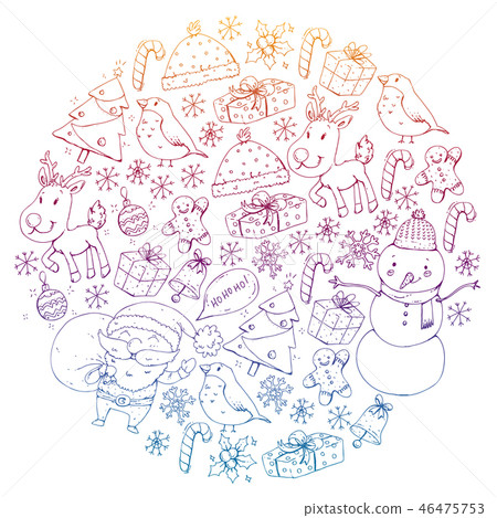 Winter Christmas vector pattern. Icons of Santa, snowman, deer, bell, Christmas tree. Merry Winter Christmas vector pattern. Icons of Santa, snowman, deer, bell, Christmas tree. Merry 46475753