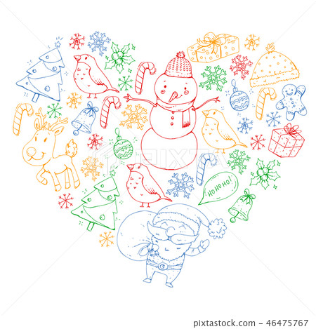 Winter Christmas vector pattern. Icons of Santa, snowman, deer, bell, Christmas tree. Merry Winter Christmas vector pattern. Icons of Santa, snowman, deer, bell, Christmas tree. Merry 46475767