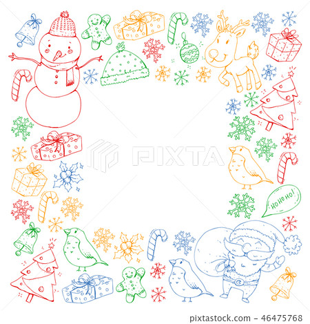 Winter Christmas vector pattern. Icons of Santa, snowman, deer, bell, Christmas tree. Merry Winter Christmas vector pattern. Icons of Santa, snowman, deer, bell, Christmas tree. Merry 46475768