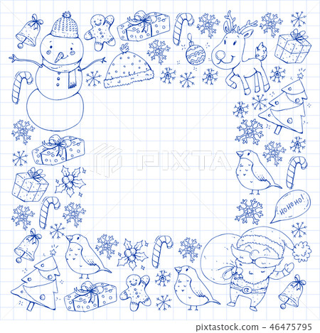 Winter Christmas vector pattern. Icons of Santa, snowman, deer, bell, Christmas tree. Merry 46475795