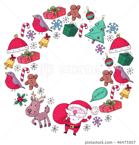 Winter Christmas vector pattern. Icons of Santa, snowman, deer, bell, Christmas tree. Merry 46475807