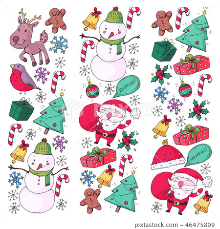 Winter Christmas vector pattern. Icons of Santa, snowman, deer, bell, Christmas tree. Merry 46475809