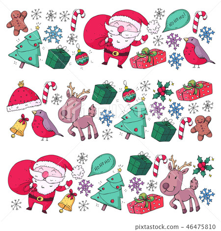 Winter Christmas vector pattern. Icons of Santa, snowman, deer, bell, Christmas tree. Merry 46475810