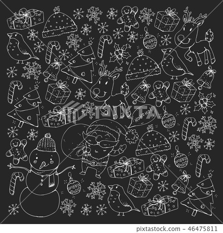 Winter Christmas vector pattern. Icons of Santa, snowman, deer, bell, Christmas tree. Merry Winter Christmas vector pattern. Icons of Santa, snowman, deer, bell, Christmas tree. Merry 46475811