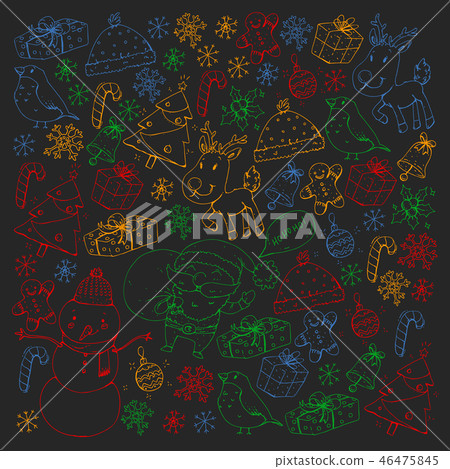 Winter Christmas vector pattern. Icons of Santa, snowman, deer, bell, Christmas tree. Merry Winter Christmas vector pattern. Icons of Santa, snowman, deer, bell, Christmas tree. Merry 46475845