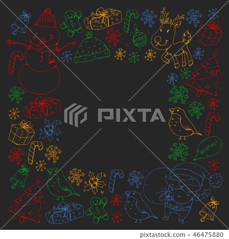 Winter Christmas vector pattern. Icons of Santa, snowman, deer, bell, Christmas tree. Merry 46475880